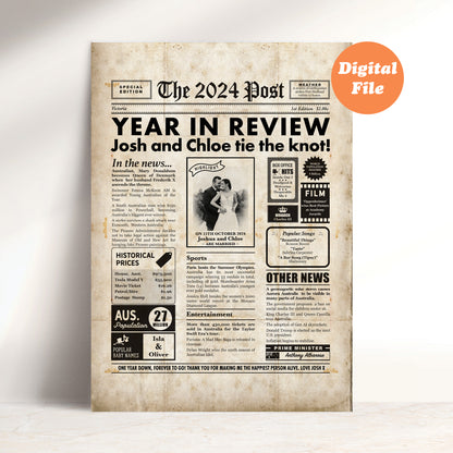 2nd Wedding Anniversary Gift, Personalised Digital Newspaper Print