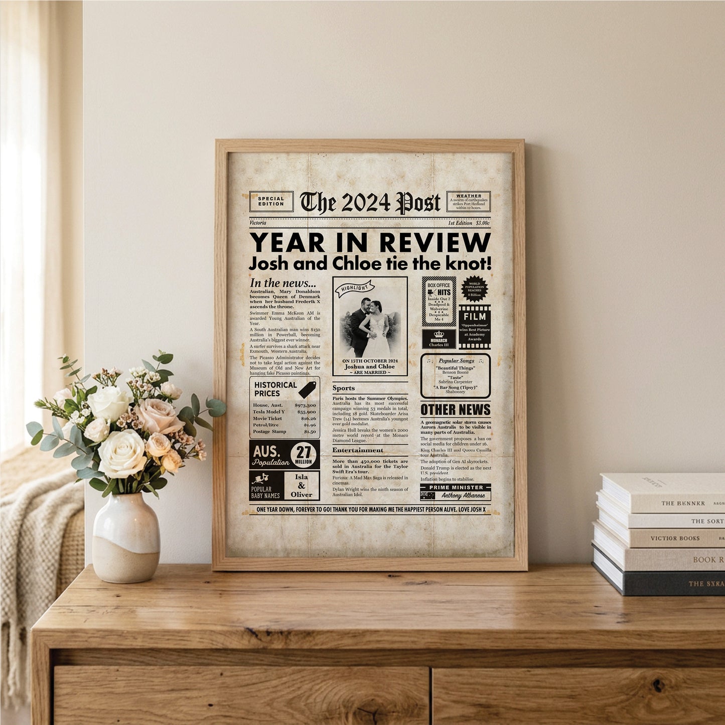 2nd Wedding Anniversary Gift, Personalised Digital Newspaper Print