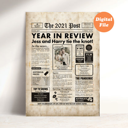 5th Wedding Anniversary Gift, Personalised Digital Newspaper Print
