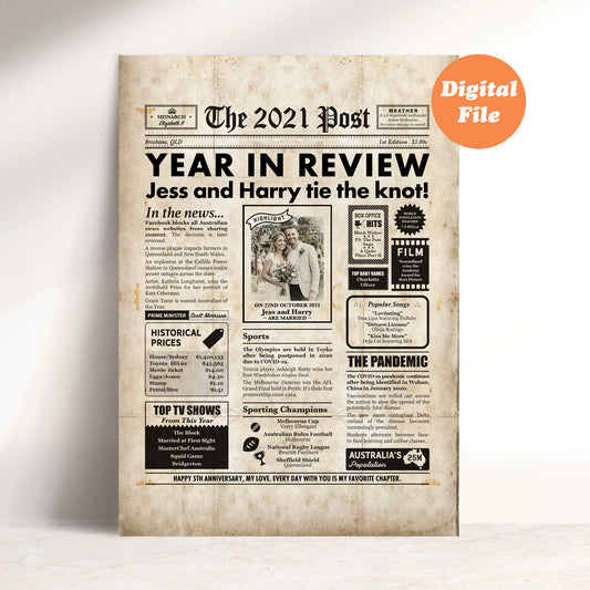 5th Wedding Anniversary Gift, Personalised Digital Newspaper Print