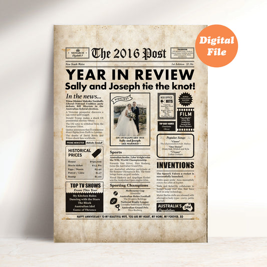 10th Wedding Anniversary Gift, Personalised Digital Newspaper Print