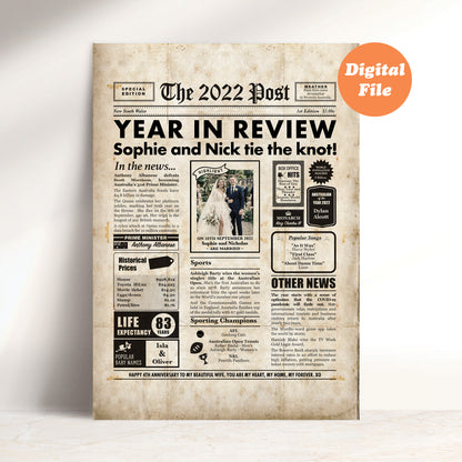 4th Wedding Anniversary Gift, Personalised Digital Newspaper Print