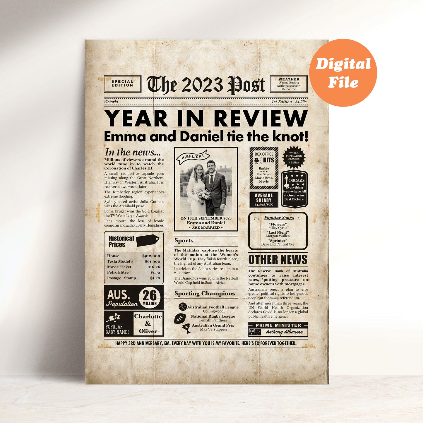 3rd Wedding Anniversary Gift, Personalised Digital Newspaper Print