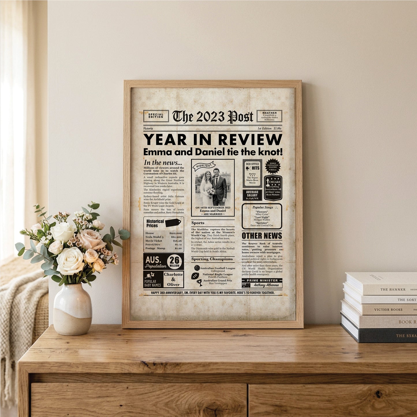 3rd Wedding Anniversary Gift, Personalised Digital Newspaper Print