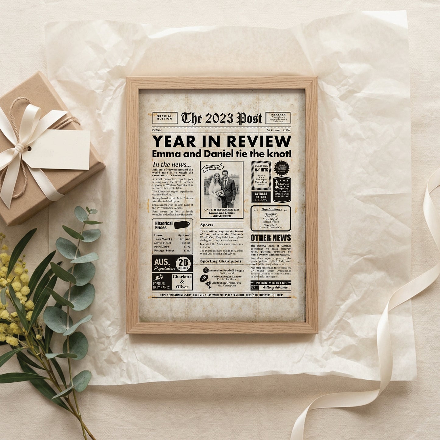 3rd Wedding Anniversary Gift, Personalised Digital Newspaper Print
