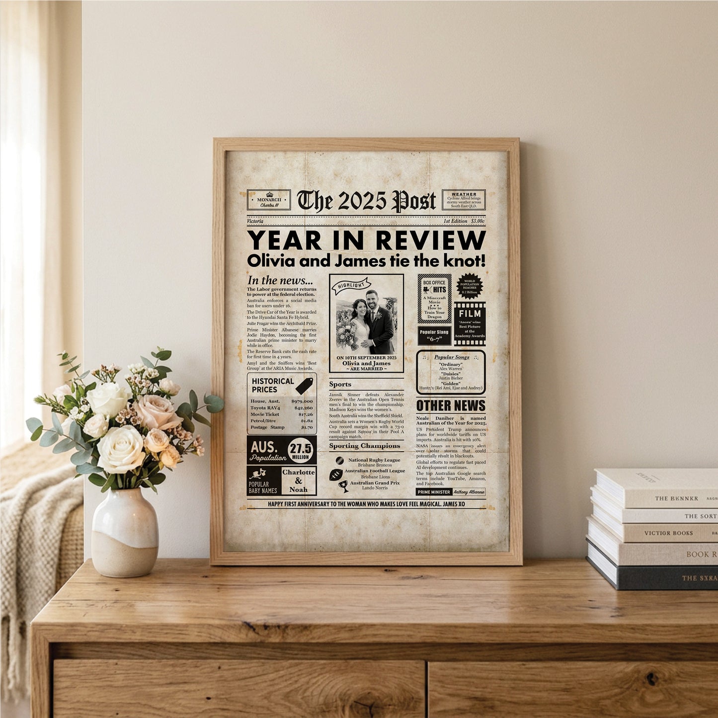 1st Wedding Anniversary Gift, Personalised Digital Newspaper Print, Next Business Day