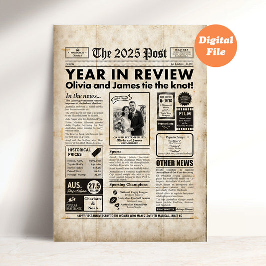 Digital file of a newspaper-style design with 'Year in Review' text and a couple's photo.