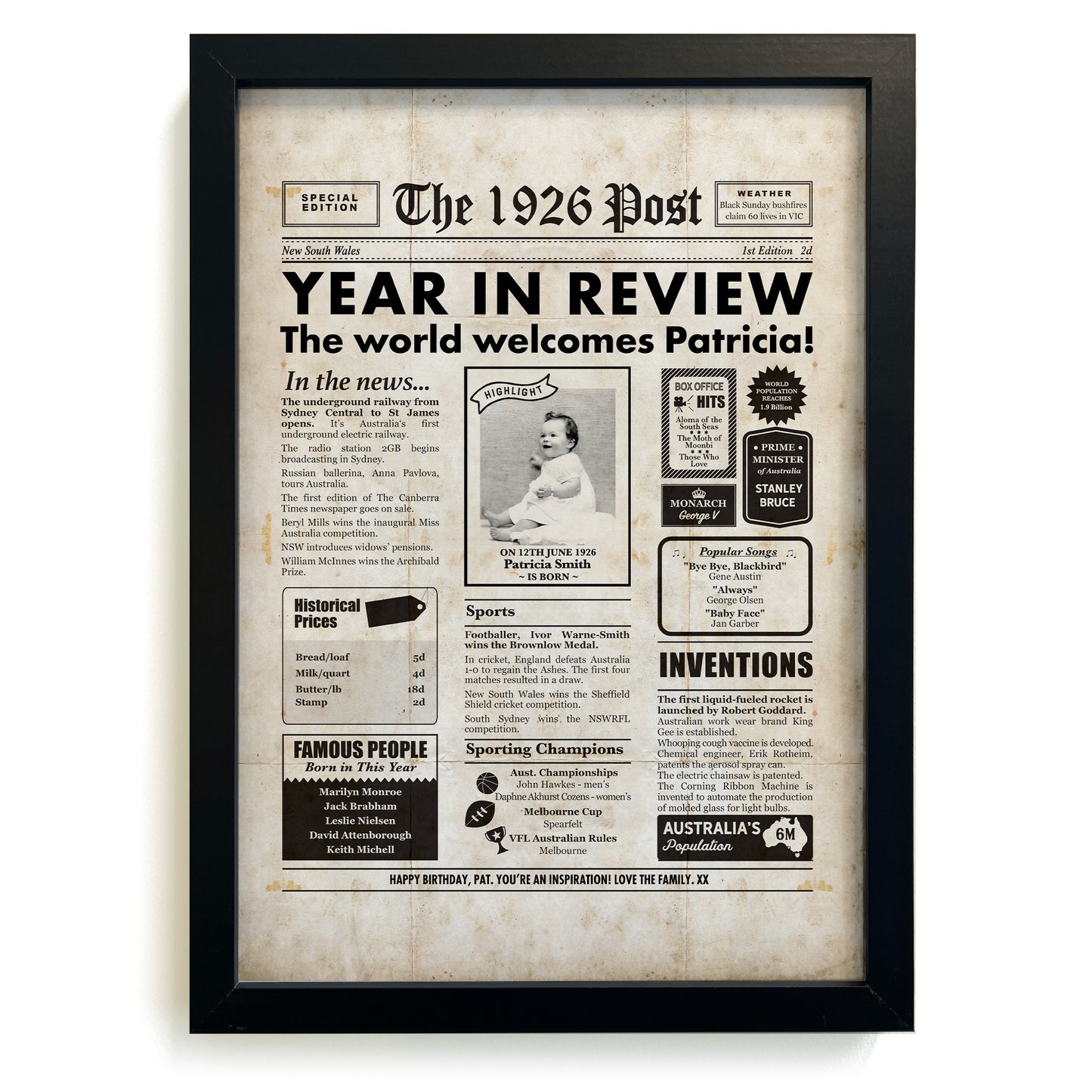 Framed 1926 99th Birthday Personalised Newspaper Gift with Australian Facts