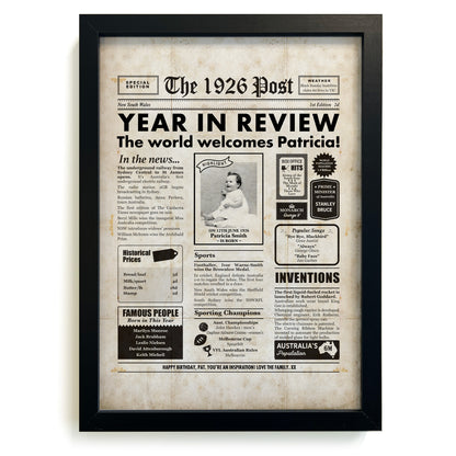 Framed 1926 99th Birthday Personalised Newspaper Gift with Australian Facts