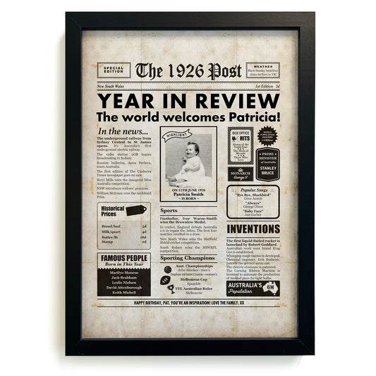 Framed 1926 99th Birthday Personalised Newspaper Gift with Australian Facts