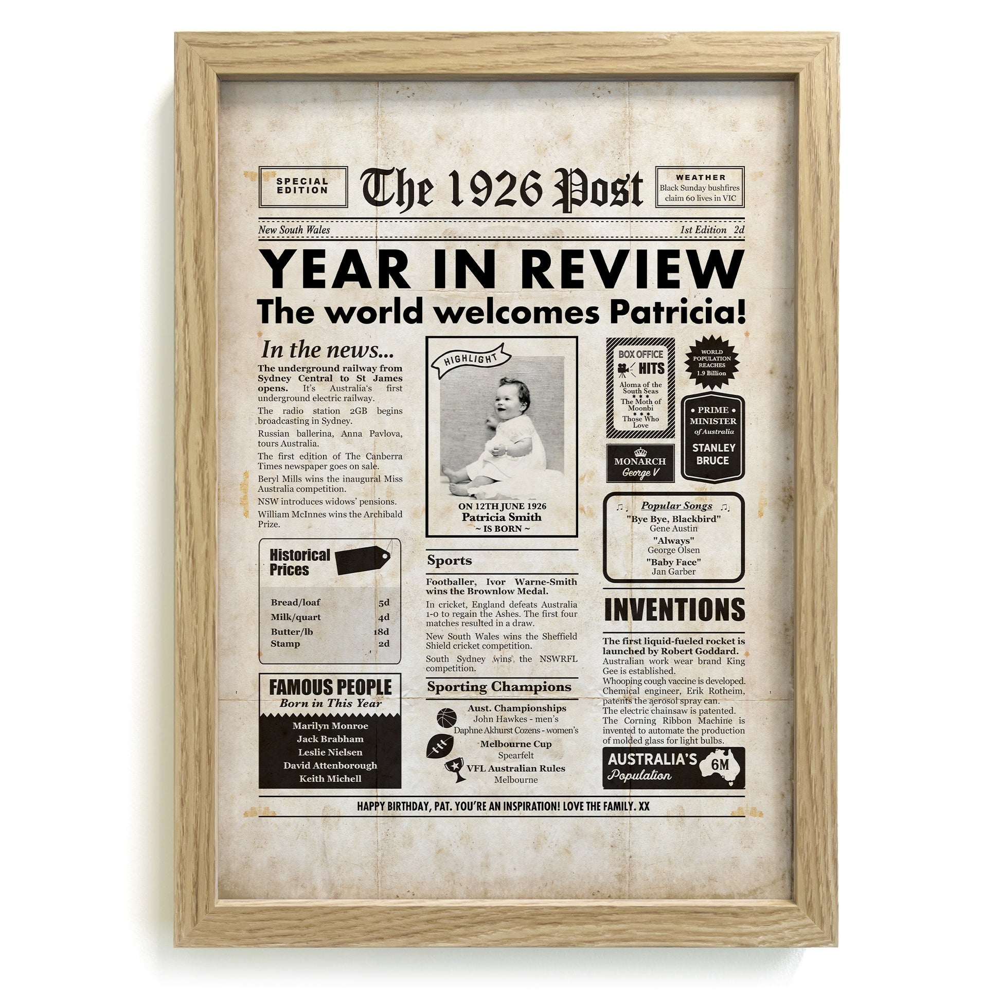 Framed 1926 99th Birthday Personalised Newspaper Gift with Australian Facts