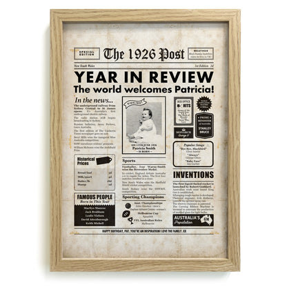 Framed 1926 99th Birthday Personalised Newspaper Gift with Australian Facts