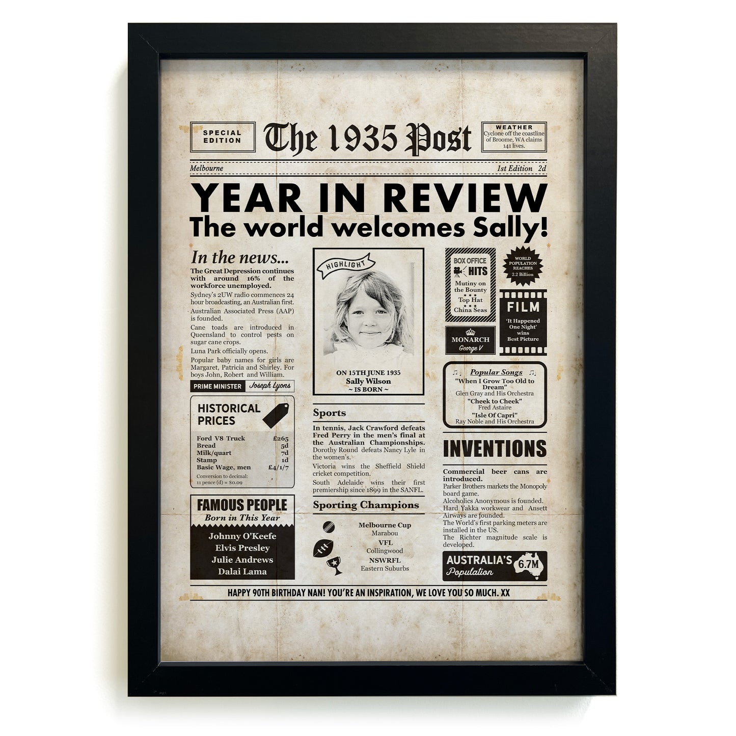 90th Birthday 1935 Personalised Newspaper Gift in Frame