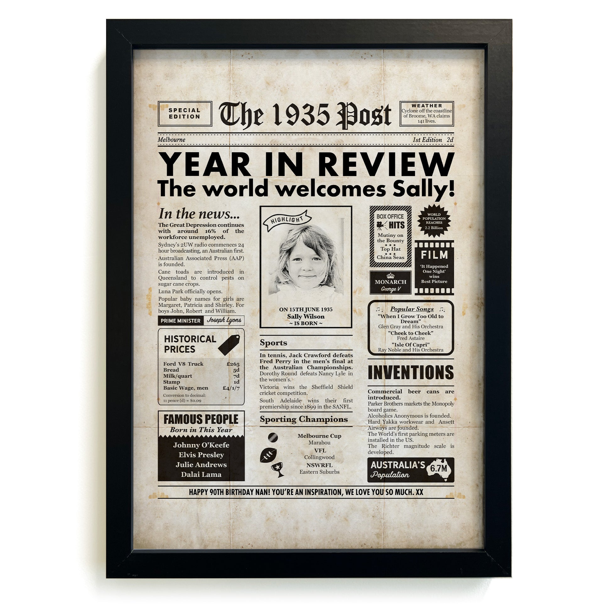 90th Birthday 1935 Personalised Newspaper Gift in Frame