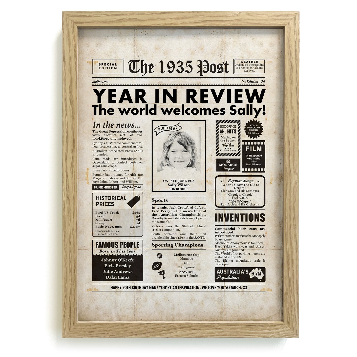 90th Birthday 1935 Personalised Newspaper Gift in Frame