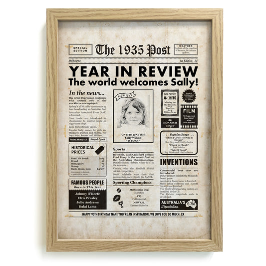 90th Birthday 1935 Personalised Newspaper Gift in Frame