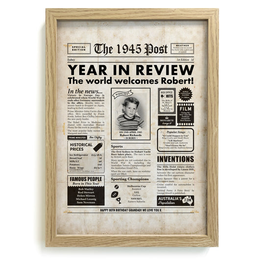 80th Birthday 1945 Personalised Newspaper Gift in Frame