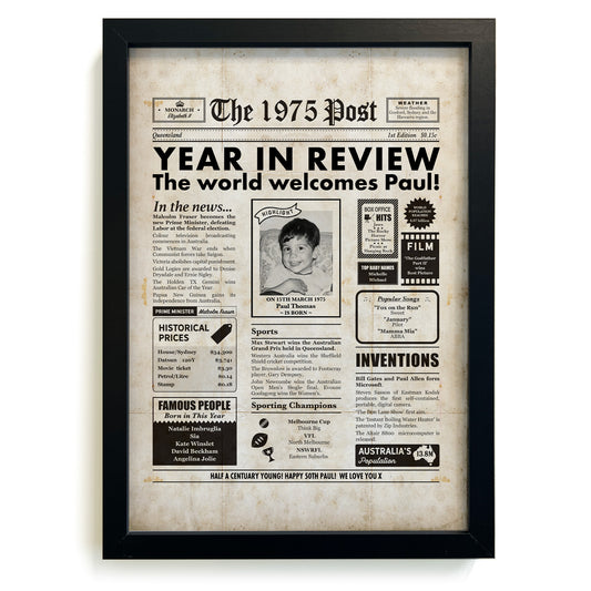 50th Birthday 1975 Personalised Newspaper Gift in Frame