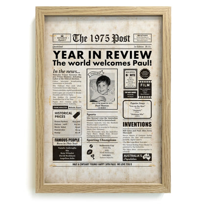 50th Birthday 1975 Personalised Newspaper Gift in Frame