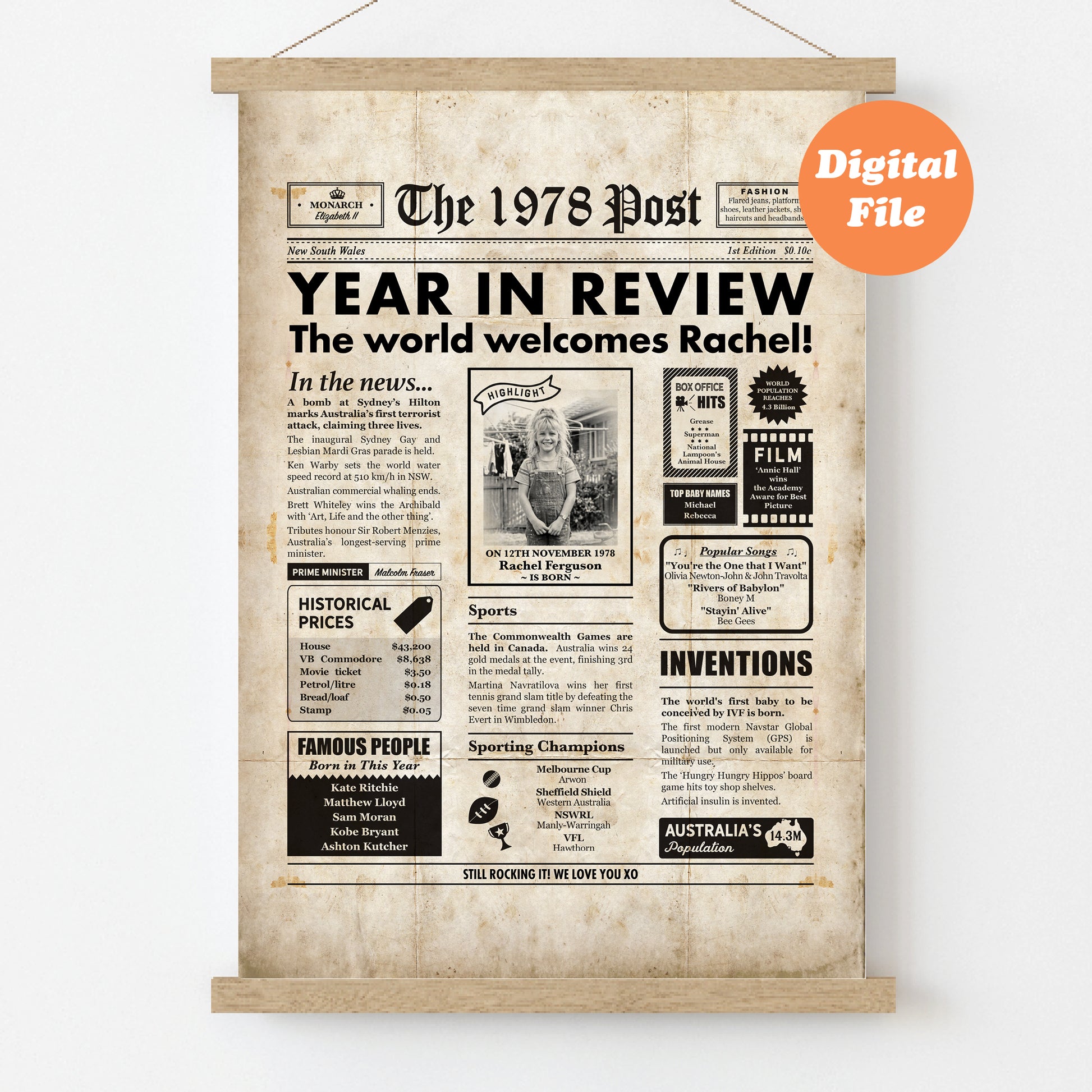 Digital file of a 1978 newspaper layout with a vintage design.