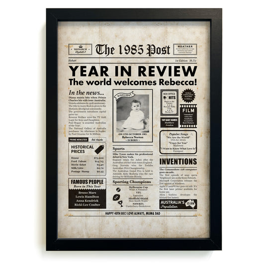 40th Birthday 1985 Personalised Newspaper Gift in Frame
