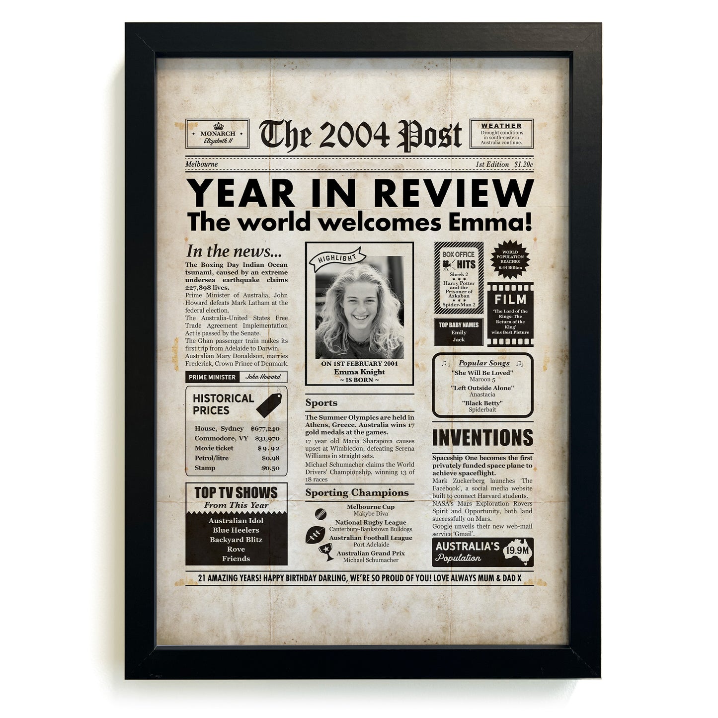 21st Birthday 2004 Personalised Newspaper Gift in Frame