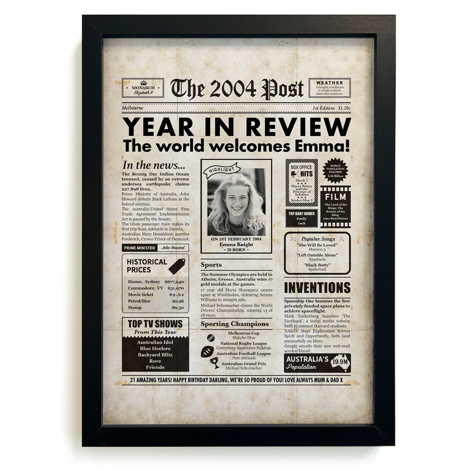 21st Birthday 2004 Personalised Newspaper Gift in Frame