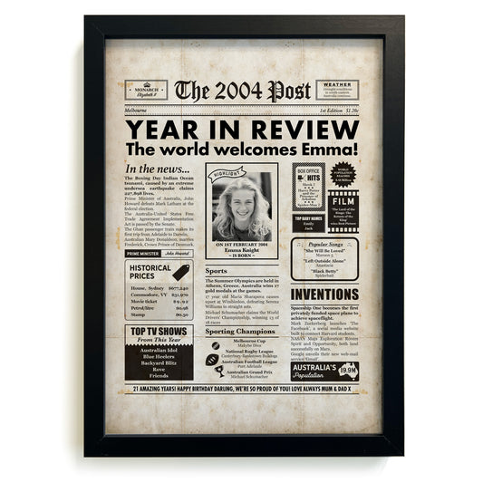 21st Birthday 2004 Personalised Newspaper Gift in Frame