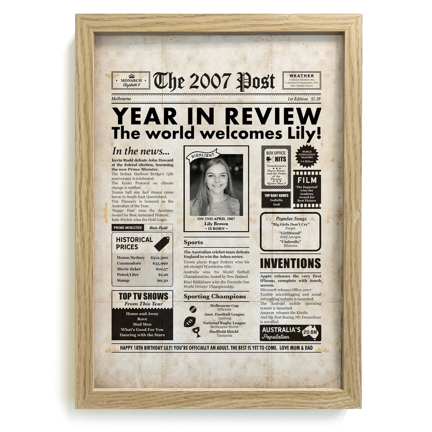 18th Birthday 2007 Personalised Newspaper Gift in Frame