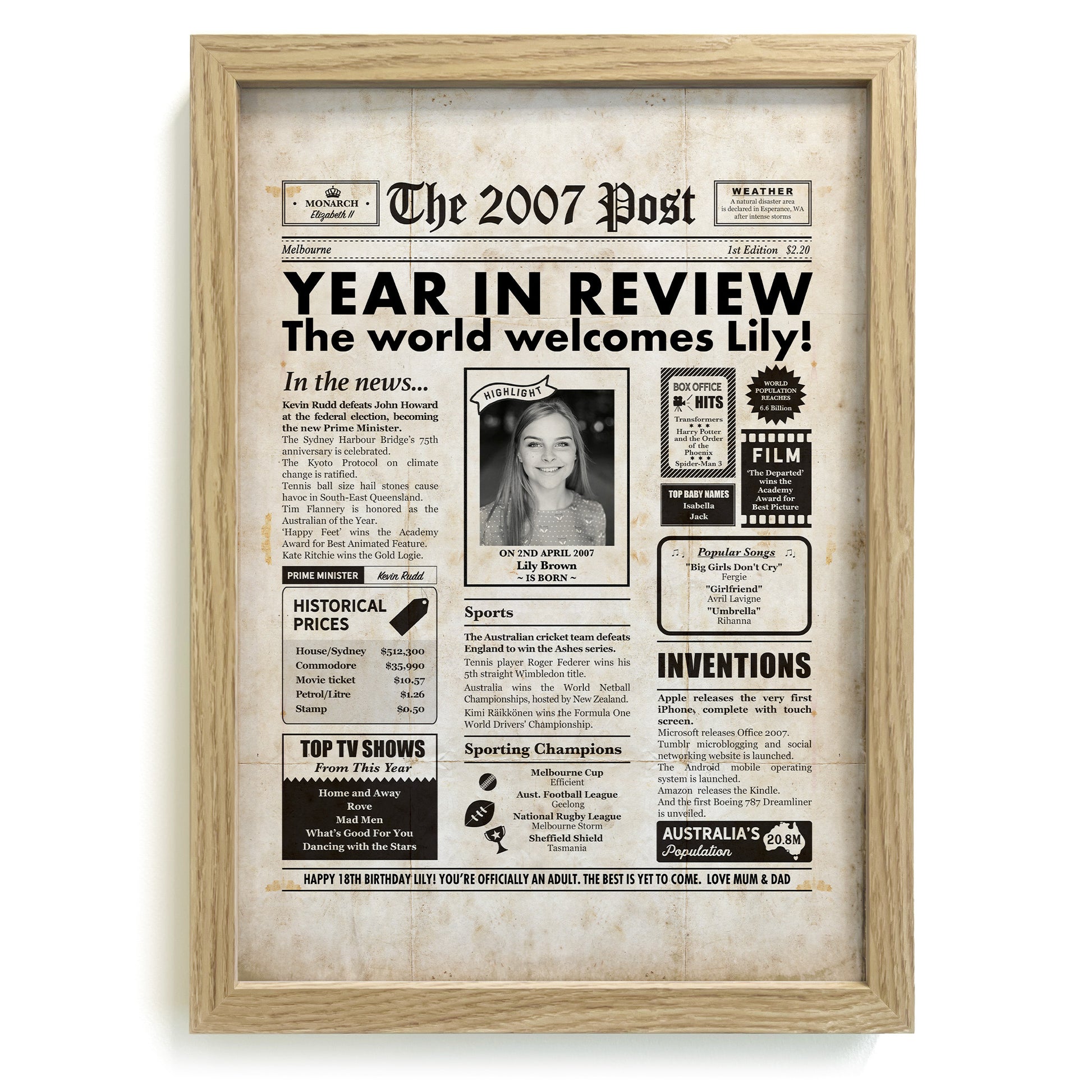 18th Birthday 2007 Personalised Newspaper Gift in Frame
