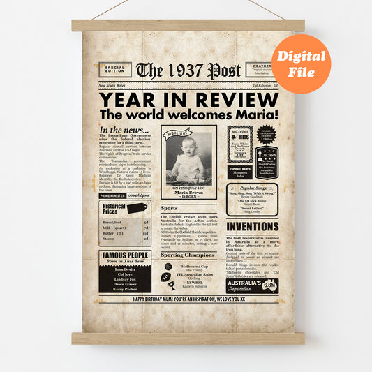 1937 Year You Were Born Digital Birthday Newspaper Poster