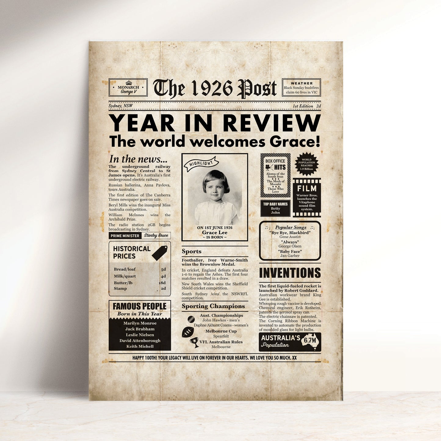 Born in 1926 | Personalised Digital Birthday Newspaper Gift