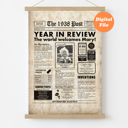 1938 Year You Were Born Digital Birthday Newspaper Poster