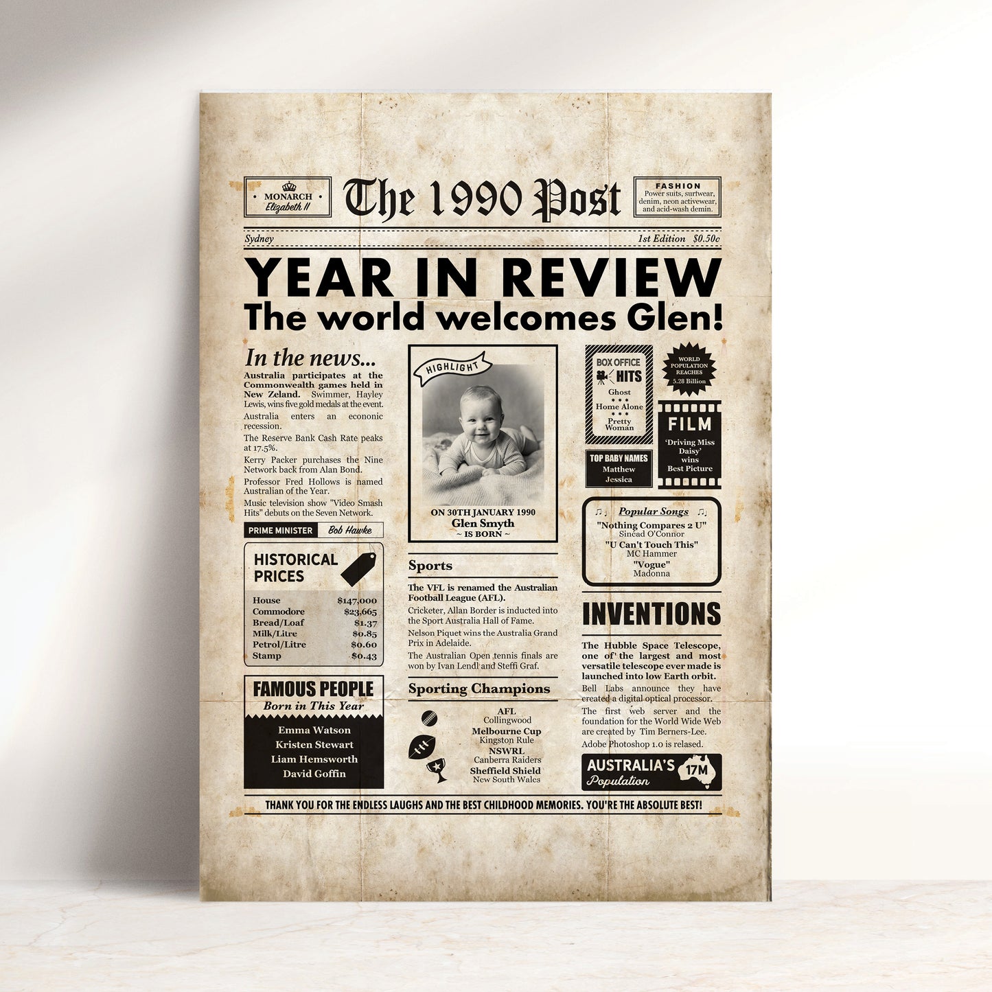 Born in 1990 | Personalised Digital Birthday Newspaper Gift
