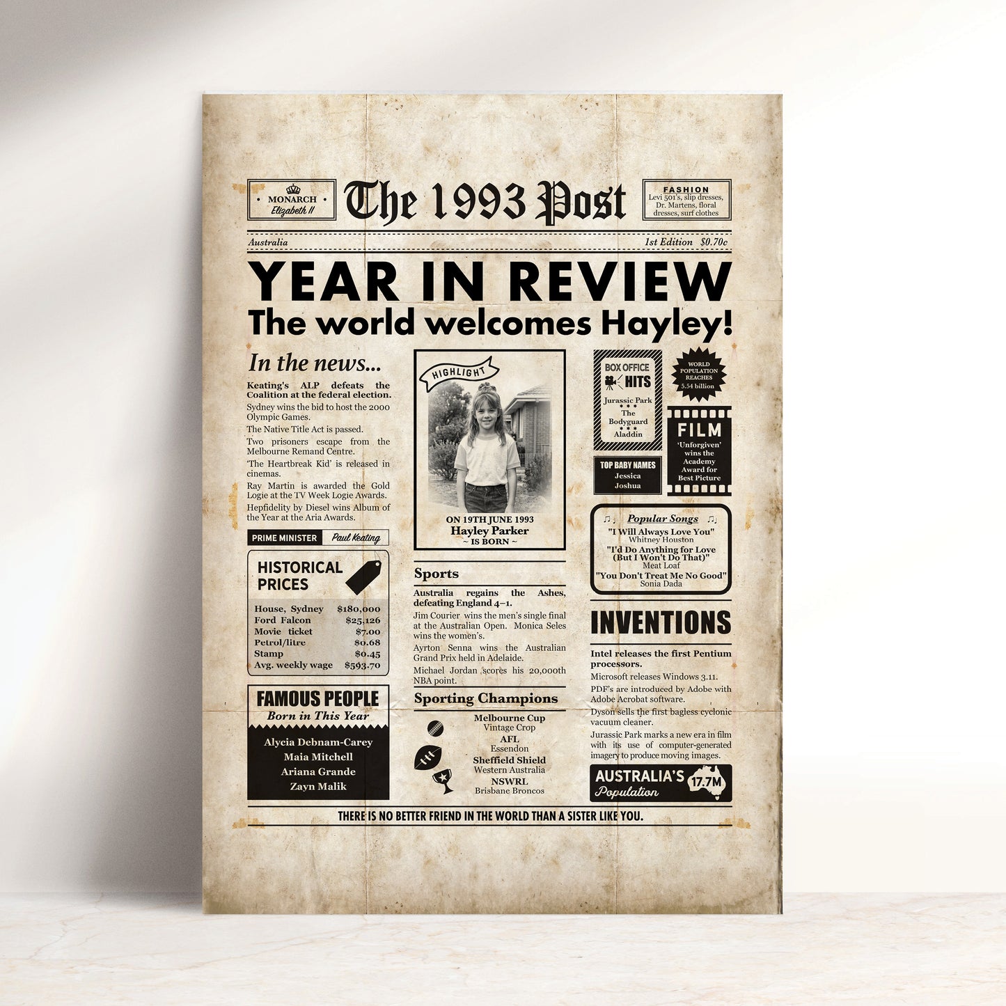 Born in 1993 | Personalised Digital Birthday Newspaper Gift