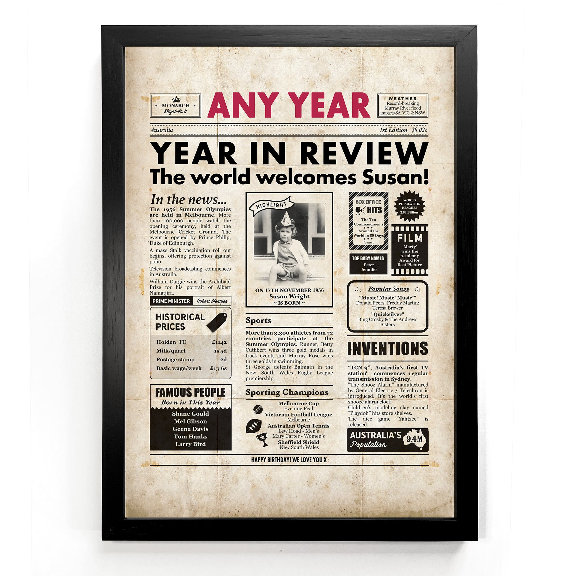 Personalised newspaper poster by Milestones Studio with a black frame.
