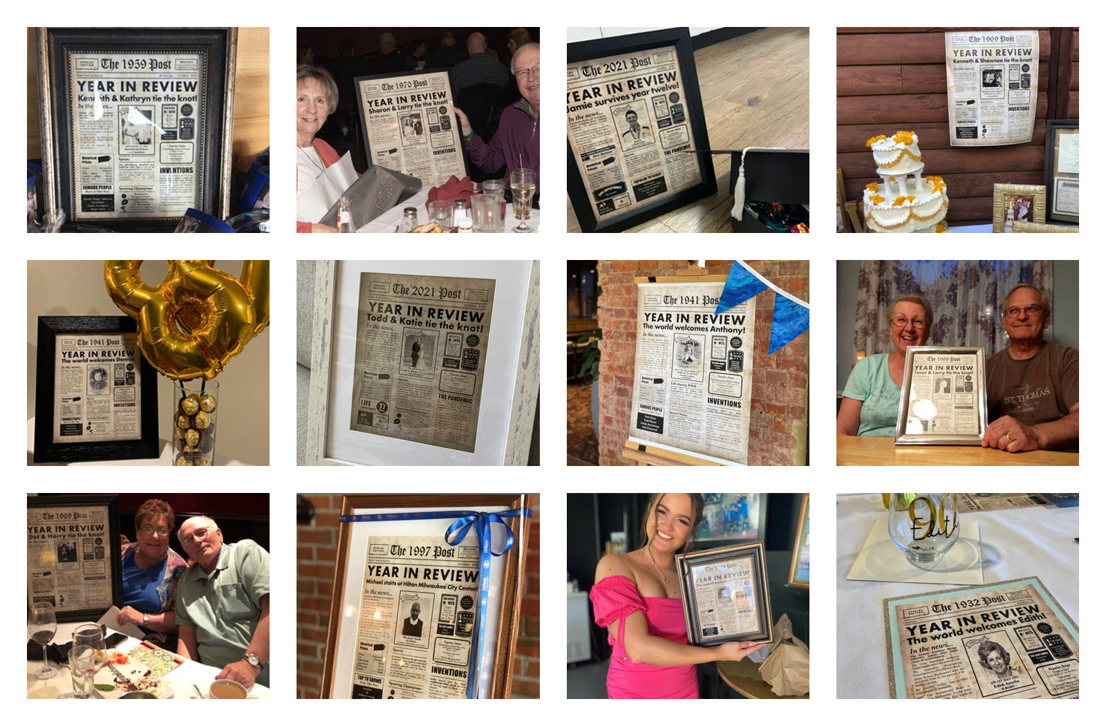 Examples of happy customers and displays of birthday and anniversary newspaper gifts.